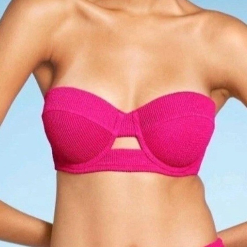 Shade & Shore Pink Smocked Bandeau Underwire Bikini Top 38DD Cutout Textured Hot